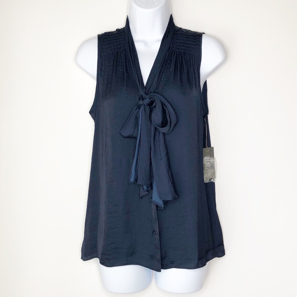 NWT. VINCE CAMUTO Navy semi sheer button up blouse